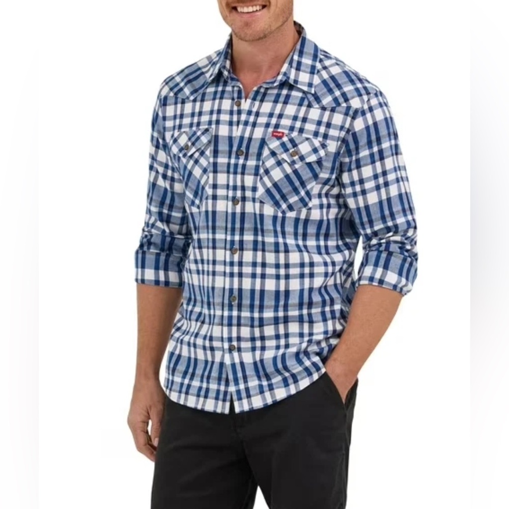 Blue & White Plaid Men’s 3XL Wrangler Western Cowboy Shirt Long Sleeve NEW